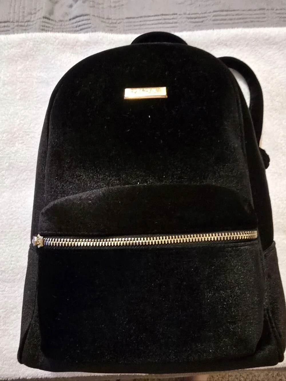 Aldo Women Black Solid Backpack with a velvet texture and gold-tone zipper NWOT